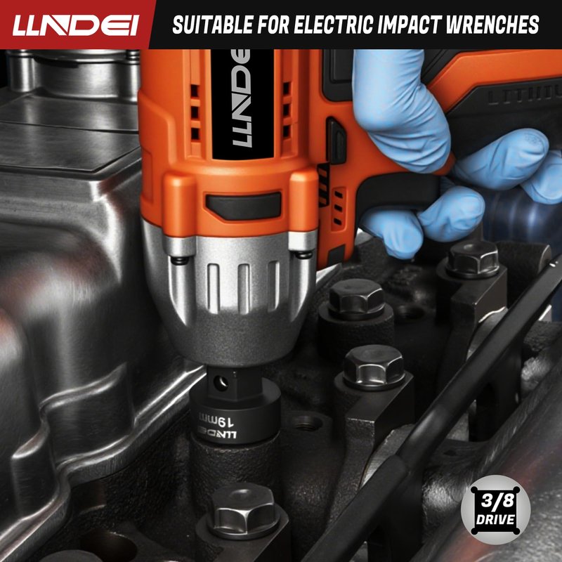 LLNDEI 3/8" Drive Stubby Impact Socket Set Metric 6-19mm, 19-Piece Cr-Mo Nano Socket Set with 2 Extension Bars (6" & 15"), Universal Joint & Ratchet Wrench for Tight Space Access