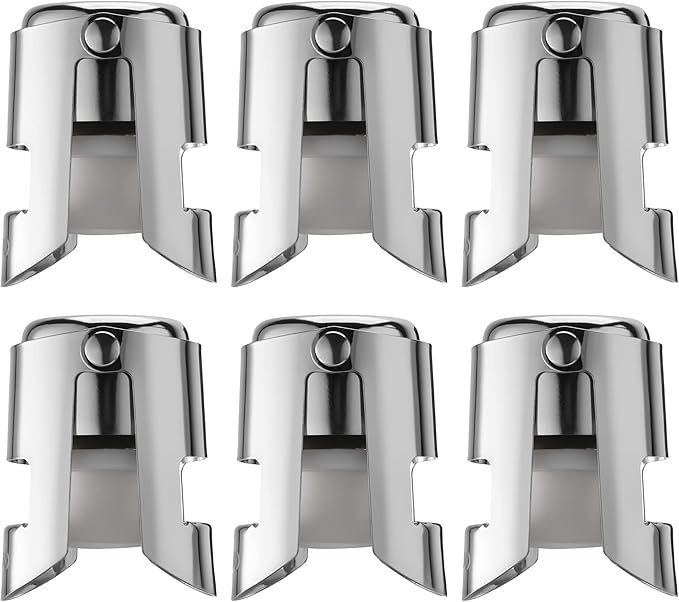 OUWO Champagne Stopper 6 Pack Stainless Steel Champagne Save with Food Grade Silicone, Leak-Proof Bubble Retaining Saver, Suitable for Champagne Prosecco Cava and Sparkling (Silver)