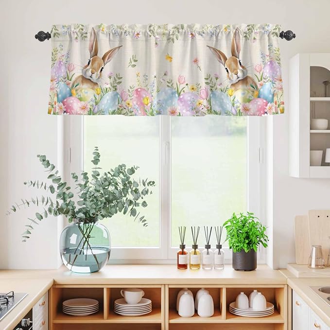 Kitchen Curtains Tiers and Valance Set of 3, Easter Light Filtering Window