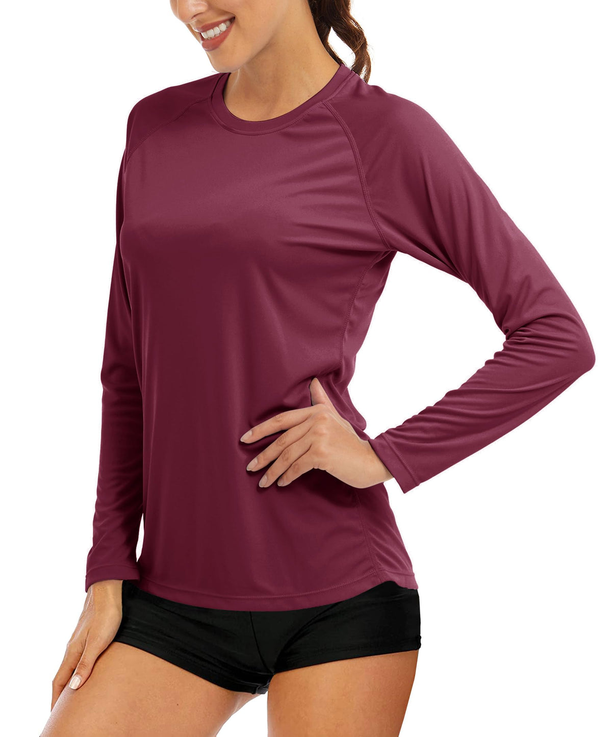 MAGCOMSEN Quick Dry Running Shirts - Lightweight Long Sleeve Summer Tops for Women - Sun Protection & Hiking - Wine Red