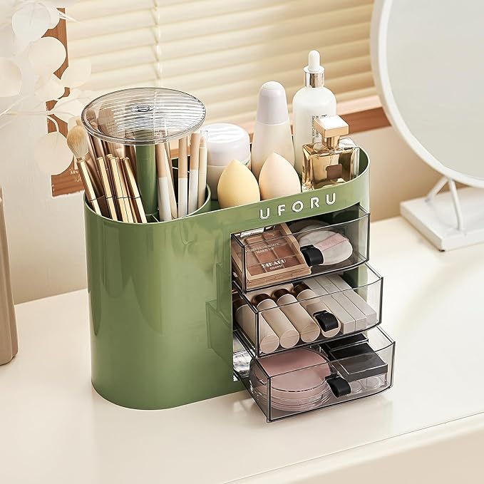 Makeup Organizer with Pop-Up Brush Holder for Dresser Vanity, Plastic Bathroom Counter Organizer with 3 Drawers & Dust-Proof Cover, Cosmetic Display Case for Lipstick, Skincare, Vintage Green