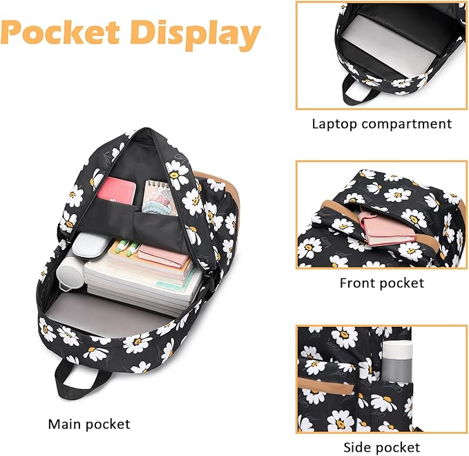 Girls Backpack with Lunch Box for Middle Elementary School,17 inch Kids School Backpack with Lunch Bag Set Black Daisy Lightweight
