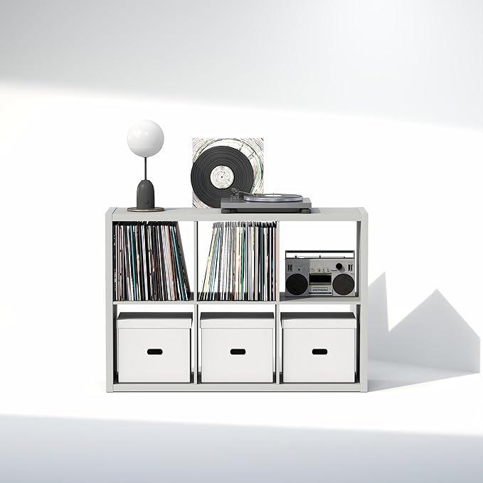 Furinno Cubicle Record Player Stand with Vinyl Storage, 6-Cube 1.2 Extra Thick Vinyl Record Storage, Open Back Media Shelf for CD DVD Blueray Game Disc, for Living Room, Home Office, Light Grey