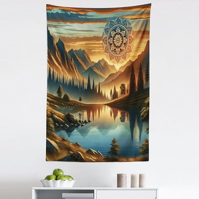 Ambesonne Mountain Tapestry, Laky Scenic Mounts and Woods Oriental Dream Aura Mandala Flower Boho, Fabric Wall Hanging Decor for Bedroom Living Room Dorm, 30" X 45", Pale Vermilion Sea Blue