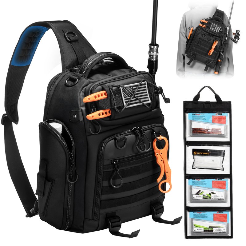 BAIXIXIG 18L Fishing Sling Bag with Removable Lure Wraps and Rod & Beverage Holder, Tackle Bag for Fishing Gear