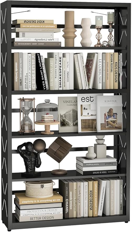 5-Cube Tall Bookshelf, Adjustable Metal Bookcase with Anti-Tip Kit & Leveling Feet, Heavy-Duty Home Storage Organizer, Modern Display Shelves for Books, Toys, CD