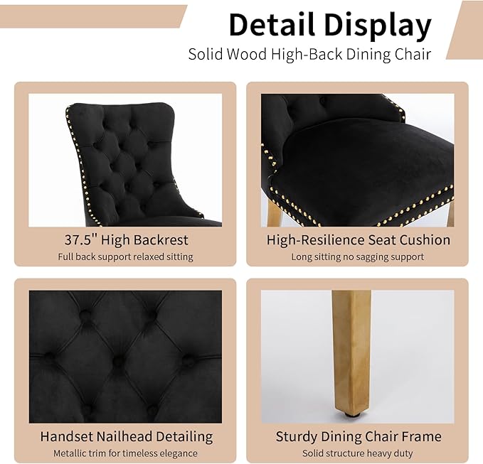 Luxury Upholstered Dining Chairs Set of 8, Black Kitchen Chair with Golden Metal Legs, Velvet Tufted Back Dining Chair, Sillas de Comedor, Modern Kitchen & Dining Room Chairs (Black, 8 Pcs)