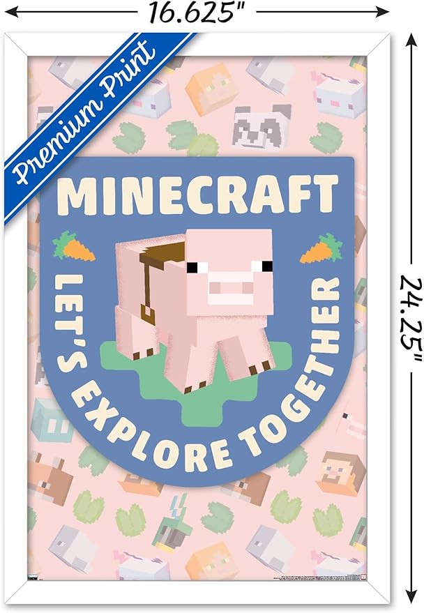 Trends International Minecraft - Let's Explore Together Wall Poster, 22.4L x 14.7W, White Framed Version