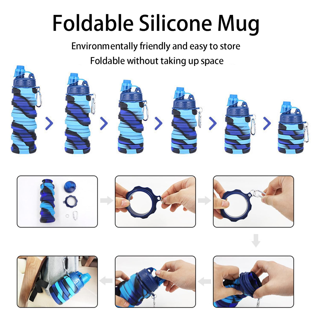YCTMALL Collapsible Water Bottles Two Pack - Travel Sports Portable Silicone Water-proof Camping Bottle with Mountaineering Buckle (500ml, Dark Blue and Grey)