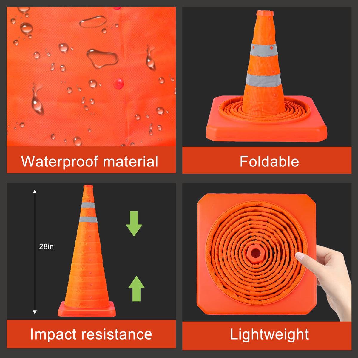 TENKAIWICK 28 Inch 4 Pack Traffic Cones with Storage Bag, Collapsible Safety Cones, Multi Purpose Pop-up Cones with Reflective Collar, Orange Cones for Parking lot, Driveway, Driving Training etc