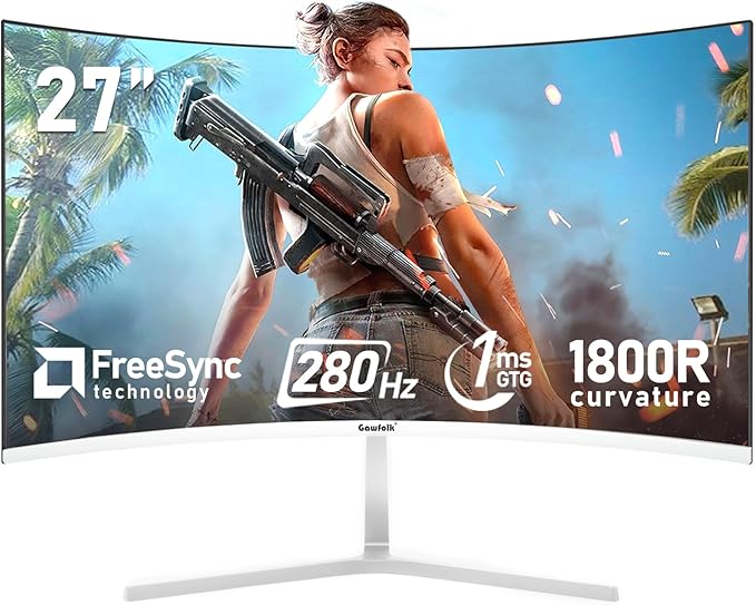 Gawfolk 27 Inch PC Computer Screen,1800R Curved Gaming 280Hz Monitors, FHD 1080p 1ms, Freesync, 98% sRGB,178 ° Angle View HDMI2.0、DisplayPort, Compatible with Wall-Mounted 100 * 100MM-White