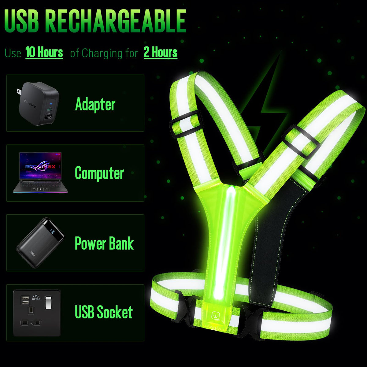 LED Reflective Vest Running Gear, Lights Up Vest Rechargeable, High Visibility Reflective Running Gear for Night Walking Cycling Jogging