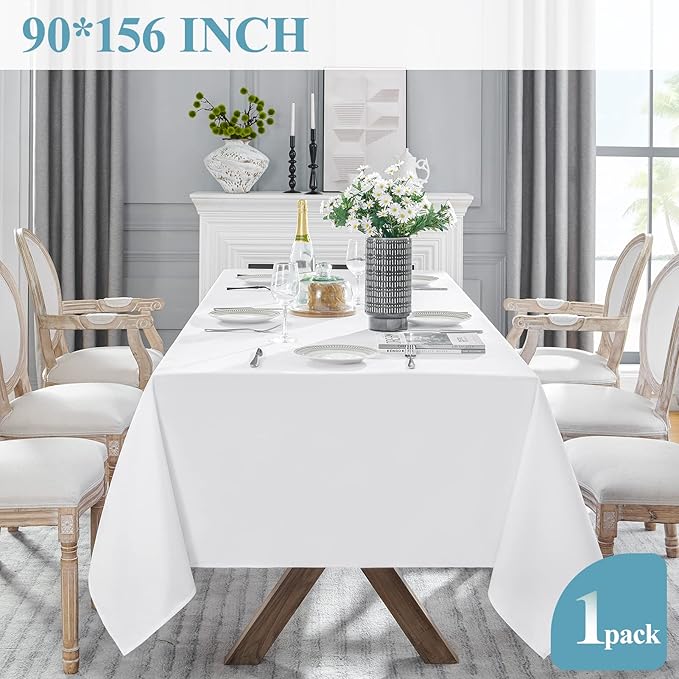 VidaFete 1 Pack Tablecloth 90 * 156inch Rectangle Table Cloth Polyester, Stain Wrinkle Resistant Polyester Dining Table Cover for Kitchen Dinning Party Wedding Tabletop Buffet Decoration(White)
