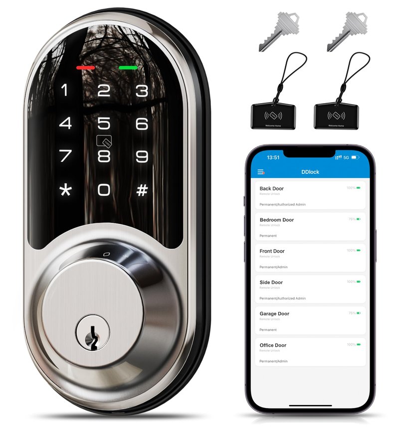 Veise RZ06 Smart Lock for Front Door with App Control, Keyless Entry, Electronic Digital Deadbolt with Touchscreen Keypad Set, Smart Deadbolt, Auto Lock, Easy Installation, Satin Nickel