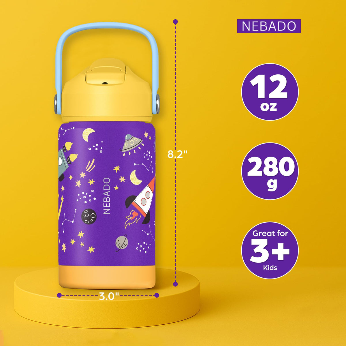 NEBADO Kids Stainless Steel Insulated Water Bottle with Straw 12oz - Leak Proof Toddler Thermos Cup for School, BPA Free with Handle & Non-Slip Silicone Base, Dishwasher Safe, Cosmic Purple