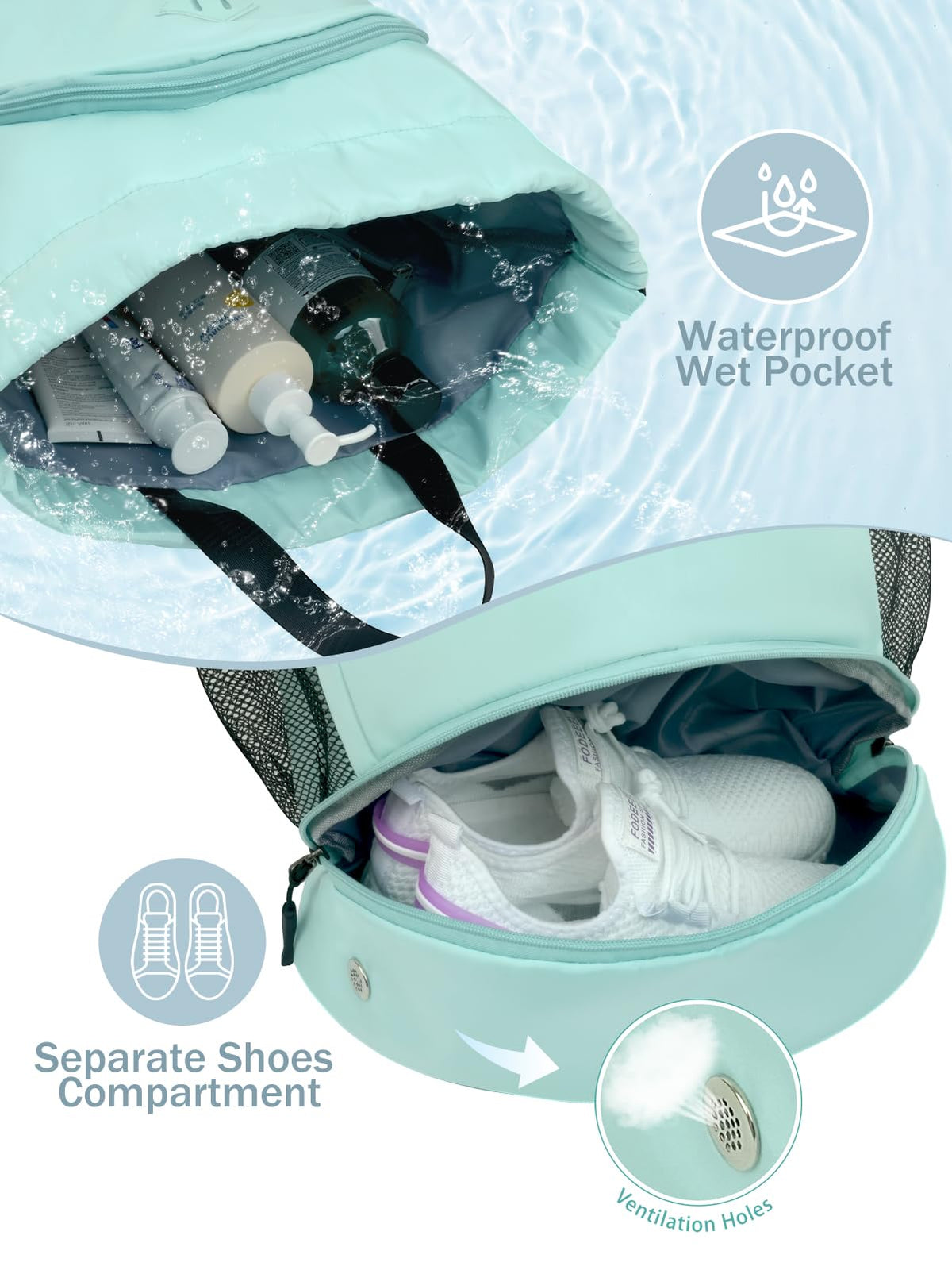 RHDZO Drawstring Backpack Gym Backpack with Shoe Compartment for Men Women String Sports Bag with Wet Pocket Cinch Swim Beach Bag, Large Mint Green
