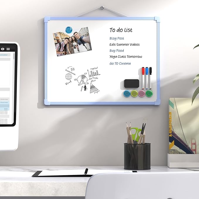 MaxGear Double-Sided Dry Erase Board for Wall, 16"x12" Hanging Whiteboard, Small Dry Erase White Board kit, Portable Whiteboard for Planning, Drawing, Memo, to Do List, Blue Frame