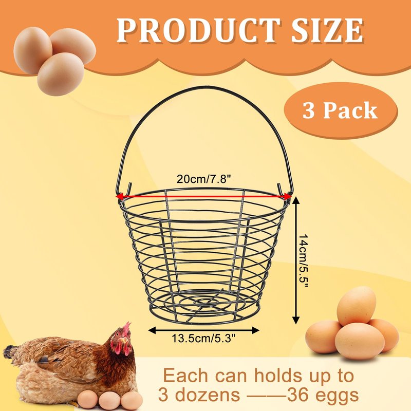 OGANAZI 3 PCS 8" Black Round Wire Egg Baskets With Handle, Small Metal Egg Collecting Basket for Gathering Fresh Eggs, Chicken and Duck Eggs Hunting Basket Egg Holder Countertop