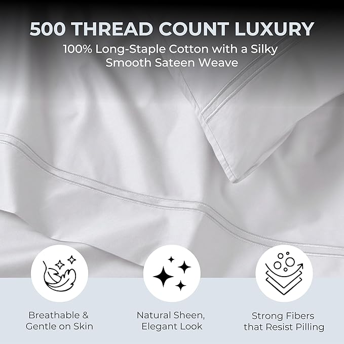 100% Natural Cotton Bed Sheets | 500 TC Single-Ply Sateen Weave Twin XL Sheets | Soft, Breathable, Hypoallergenic Solid 3-Piece Bedding with Deep Pocket Fitted, Flat, Pillowcase | White