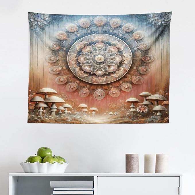 Ambesonne Hippie Tapestry, Fantasy Vibes Mushroom Jungle with Oriental Vibes Mandal Print Peacock, Fabric Wall Hanging Decor for Bedroom Living Room Dorm, 28" X 23", Pale Ruby Blue Grey Ecru