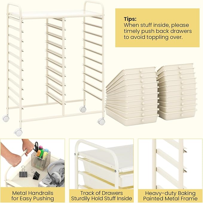COSTWAY 20-Drawer Rolling Storage Cart, Utility Storage Organizer Cart for Tools, Scrapbook, Paper, Craft, Multipurpose Storage Trolley on Wheels for Home Office School, Ivory White