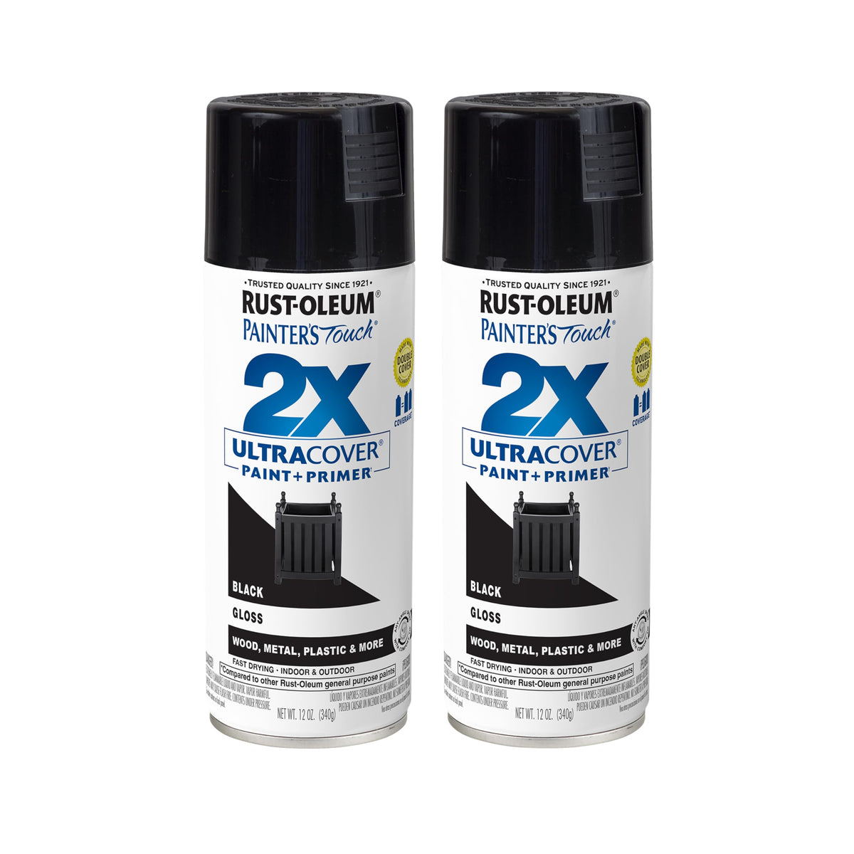 Rust-Oleum 334026-2PK Painter's Touch 2X Ultra Cover Spray Paint, 12 oz, Gloss Black, 2 Pack