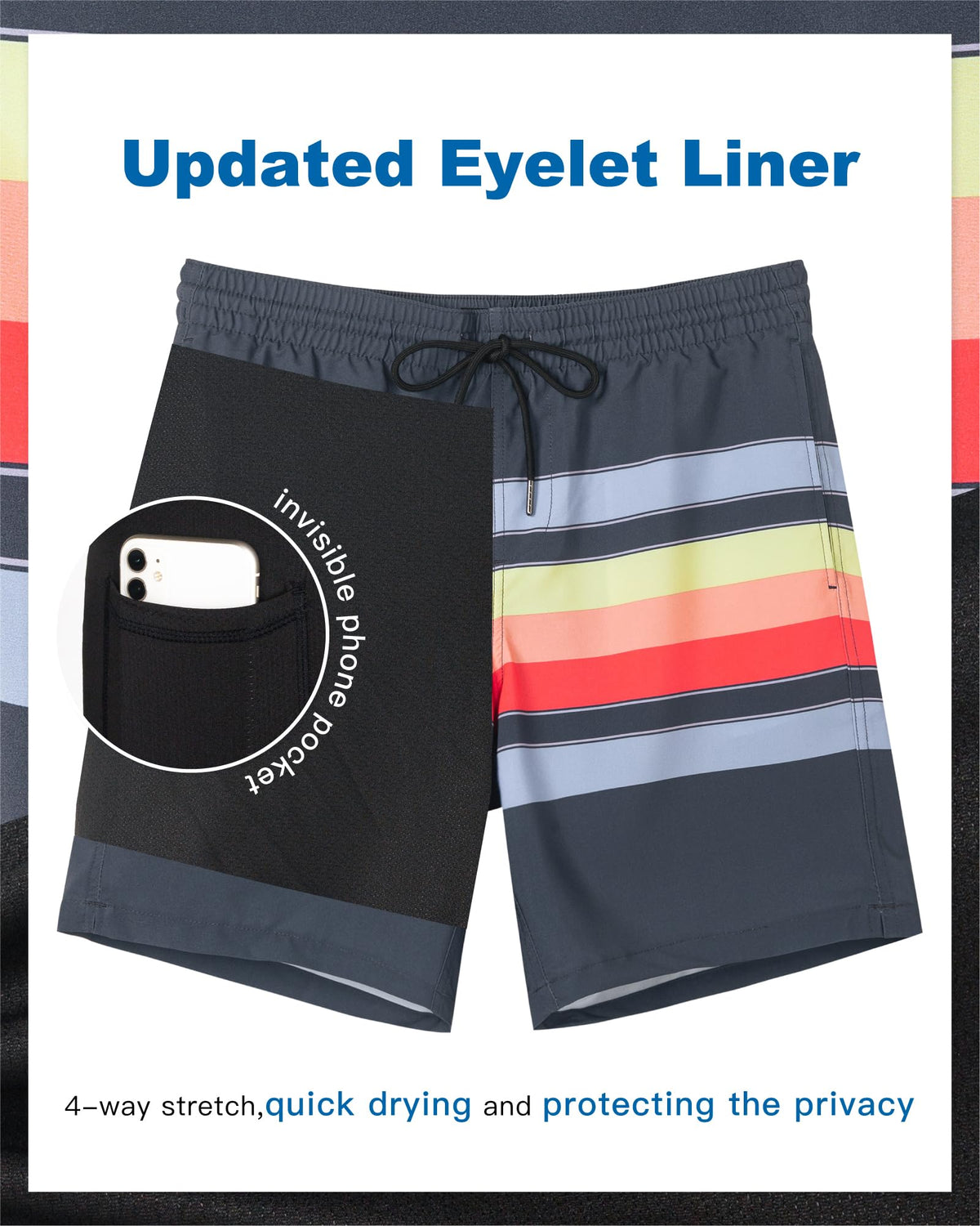 SURF CUZ Mens Swim Trunks with Compression Liner Quick Dry Swim Shorts 7" Swimming Trunks Stretch Bathing Suit 7 Inch,Sunset Stripes,L