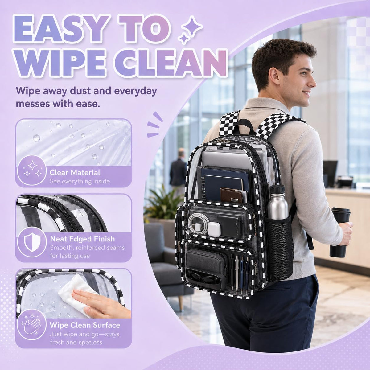 BTOOP Clear Backpack Heavy Duty Transparent Backpack 17" See Through Bookbag for College Work Festival Security with Padded Strap Large Capacity