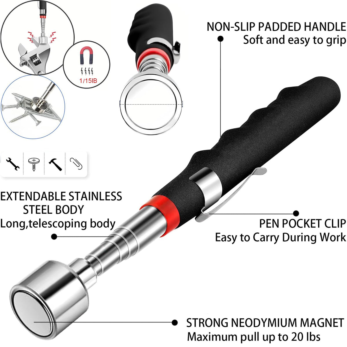 Magnetic Pickup Tool and Grabber Set, 35-inch Flexible Claw, 30-inch Telescoping Magnet with 20lb Pull Force
