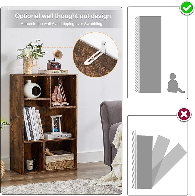 VECELO Modern Bookshelf, 5 Cube Shelf, Fits Tallest Hardcovers, Horizontal Available, Storage Organzier for Home Office,Brown