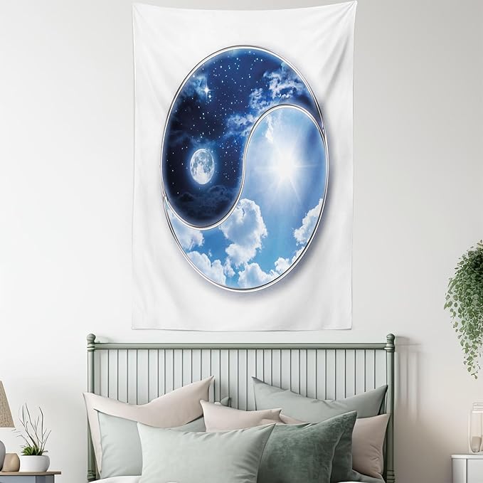 Ambesonne Space Tapestry, Yin Yang World Moon and Sun Harmony of the Universe Art Print, Wall Hanging for Bedroom Living Room Dorm Decor, 60" X 80", Navy Blue Sky Blue White