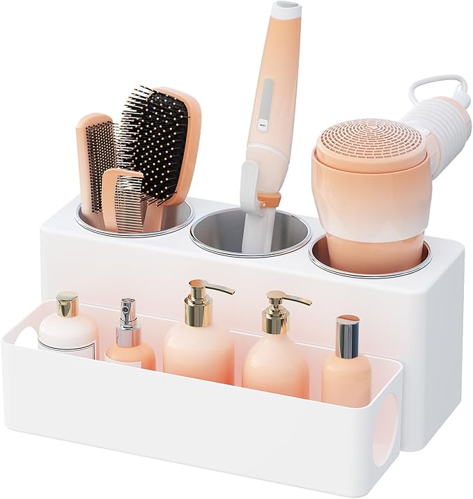 Lifewit Hair Tool Organizer Countertop, Removable Blow Dryer Holder for Bathroom, Acrylic Hot Tools Organizer Storage for Curling Iron, Brush, Straightener, 3 Stainless Cups, White, 30 cm/12 inch(L)