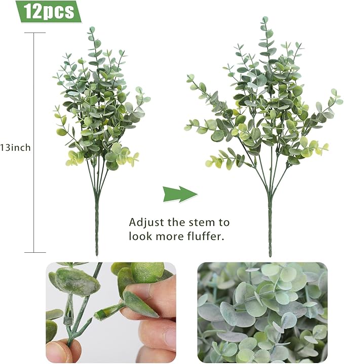 RECUTMS 12 Bundles Artificial Bushes Greenery Plants Stems Faux Shrubs Boxwood Plants Outdoor UV Resistant Fake Eucalyptus for Farmhouse Home Wedding Patio Backyard Indoor Outdoor Decor(Dusty Blue)