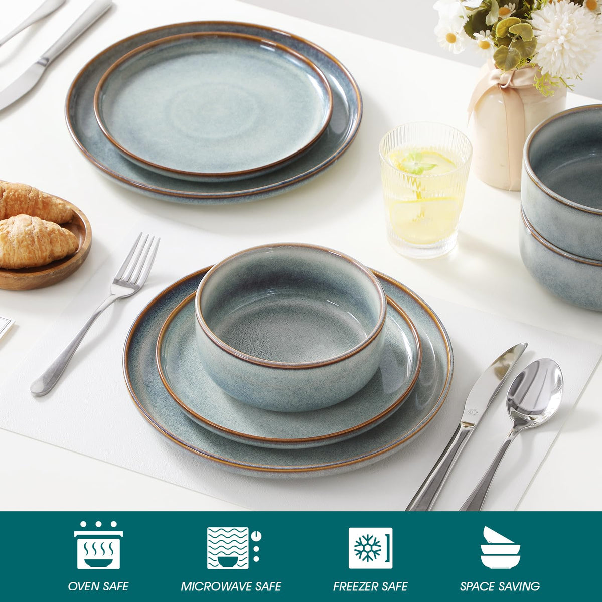 vancasso PLAYA Plates and Bowls Sets,12 Pieces Grey Dinnerware Sets for Kitchen,Reactive Glaze Dishes Set for 4,Dishwasher and Microwave Safe