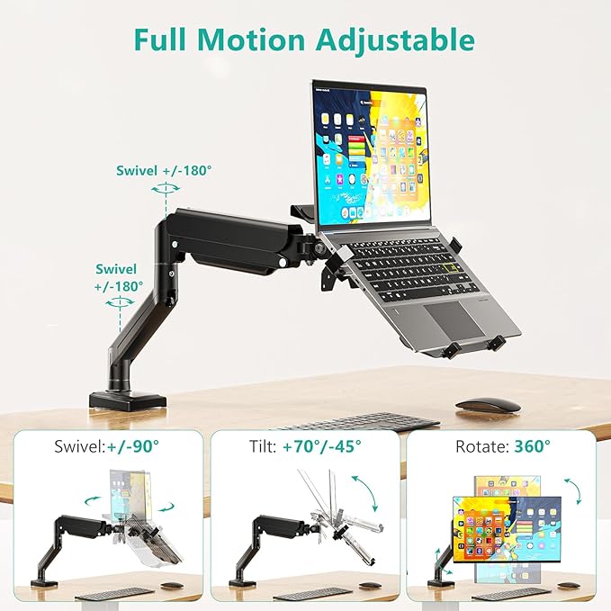 WALI Single Arm Laptop and Monitor Desk Mount for 17" Notebook and Up to 32" Screen, 2-in-1 Adjustable Gas Spring Monitor Arm with Laptop Tray, VESA 75x75 100x100,Holds 22-26.4 lbs, Black (GSMP001NLP)