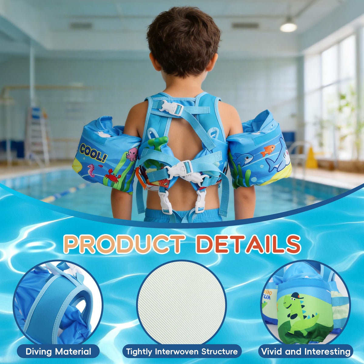 ReePlan Toddler Swim Vest for Kids 13-30-50-66 Lbs, Adjustable Swim Training Vest with Arm Floaties Reflective Strips Shoulder Straps & Secure Crotch Strap, with Whistle, Ages 1-2-3-4-5-6 Pool & Beach