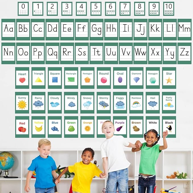 67 PCS Classroom Alphabet Number Educational Poster Cards with Weather Shape Color Learning Cards Decorations, Eucalyptus Green Bulletin Board Letter, School Home Wall Decor for Teacher