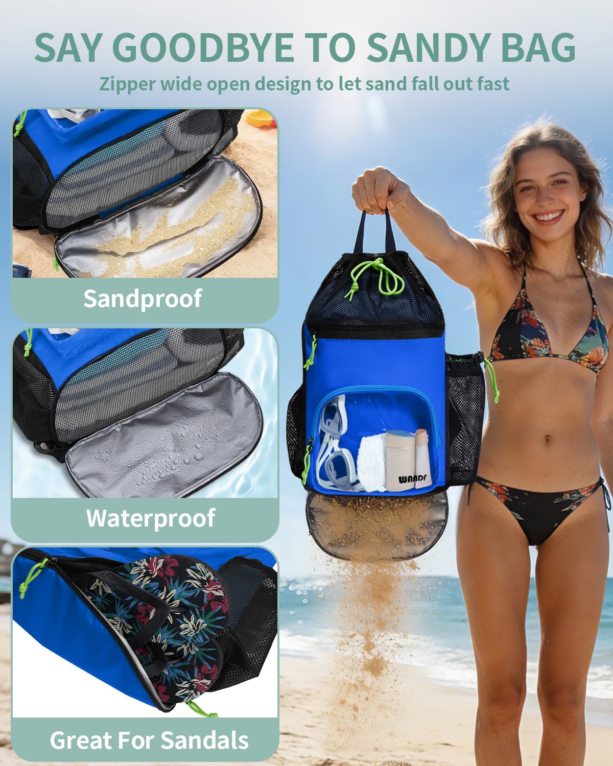 WANDF Swim Bag with Wet Pockets, Mesh Beach Backpack for Pool and Gym