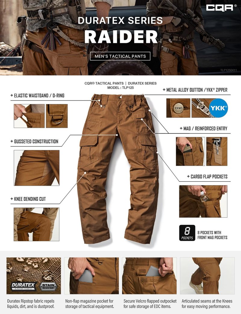 CQR Men's Tactical Pants, Water Resistant Ripstop Cargo Pants, Lightweight EDC Work Hiking Pants, Outdoor Apparel, Duratex Mag Pocket Copper Brown, 42W x 32L
