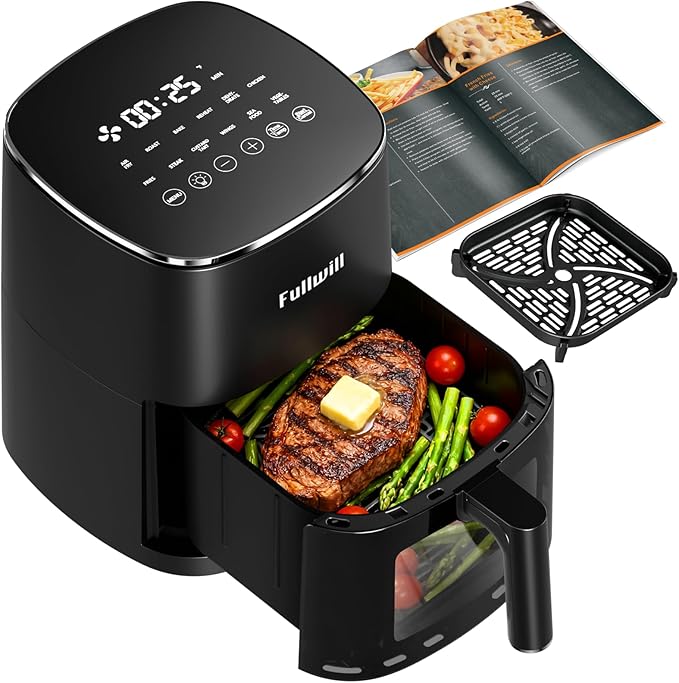 Fullwill Air Fryer with Viewing Window 6QT,12 Cooking Presets,AirFry,Roast,Bake,Reheat,Dehydrate, 1700W Fast Even Heating, Max 400°F, Nonstick Basket Dishwasher Safe,for Families and Party