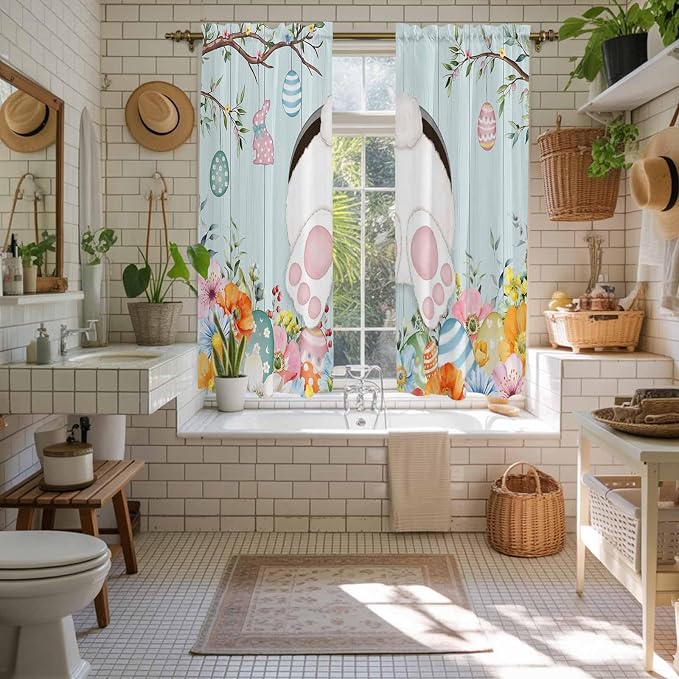 Easter Bunny Window Curtains 63 Inch Long 2 Panel Set, Rod Pocket Bedroom