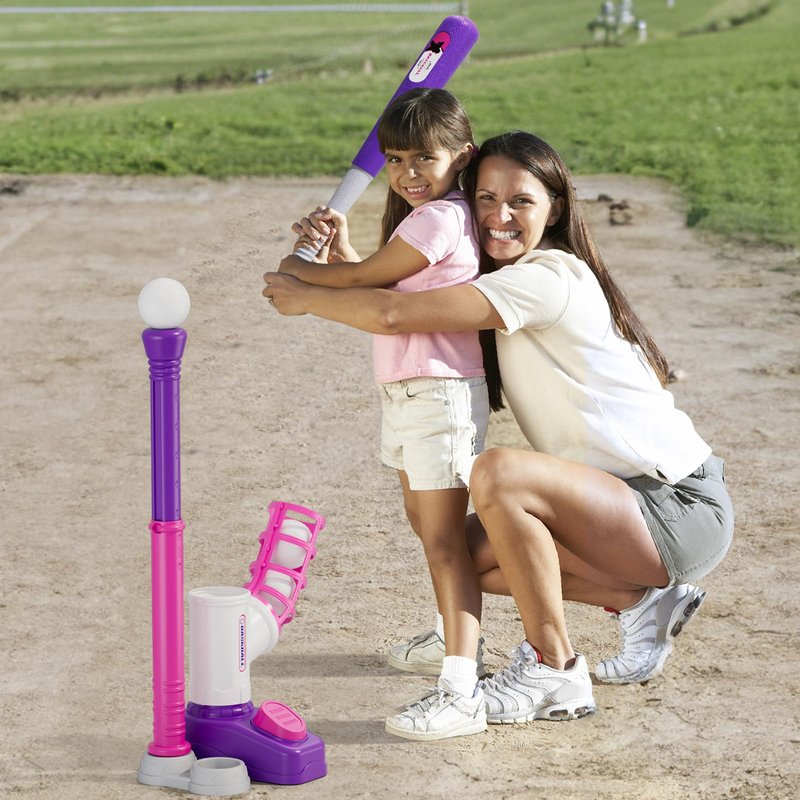 HYES Tball Set for Toddlers 3-5, Tee Ball Set with Step on Pitching Machine/Adjustable Batting Tee/Retractable Baseball Bat/8 Pop Up Balls, Outdoor Sport Toy Games for Kids Girls