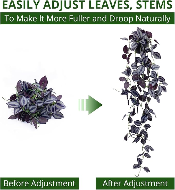 LOYWREE 2Pack Small Fake Hanging Purple Plant Artificial Potted Plants Indoor 39-in Long Faux Dark Black Vine Plant for Shelf Home Office and Outdoor Garden Decor (Black Pot)