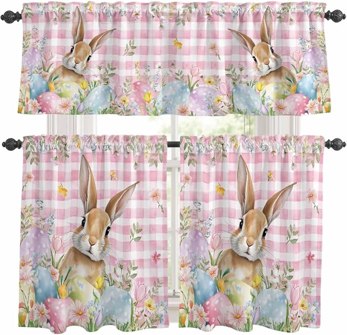 Kitchen Curtains Tiers and Valance Set of 3, Easter Light Filtering Window
