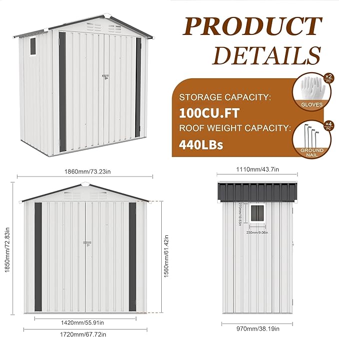 6x3.6FT Storage Shed, Outdoor Galvanized Steel Garden Shed with Lockable Door & Window, Waterproof Metal Tool Storage for Garden, Backyard, Patio, Lawn