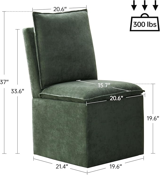 VKNOW Upholstered Dining Chairs Set of 2, Modern Rolling Chairs with Storage and Wheels, Linen Armless Chair with Cushion and Backrest, Dining Room Chairs for Living Room Kitchen Bedroom, Green