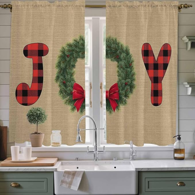 Red Green Christmas Window Curtains 63 Inch Long 2 Panel Set, Rod Pocket