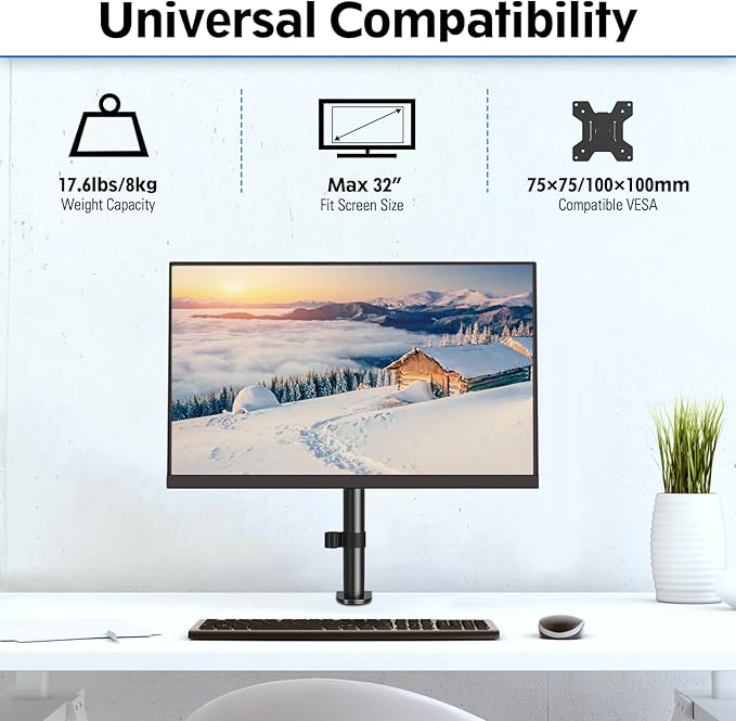 MOUNTUP Single Monitor Mount, Adjustable Monitor Stand for Max 32 Inch Flat Curved Computer Screen, Monitors Arm Desk Mount Fit VESA 75x75& 100x100, up to 17.6lbs, with C-Clamp and Grommet Base, Black