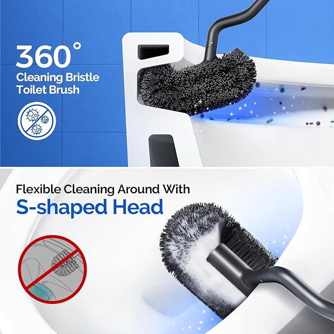 HAMITOR Toilet Brush and Holder Set Under Rim Deep Cleaning Curved Bristle