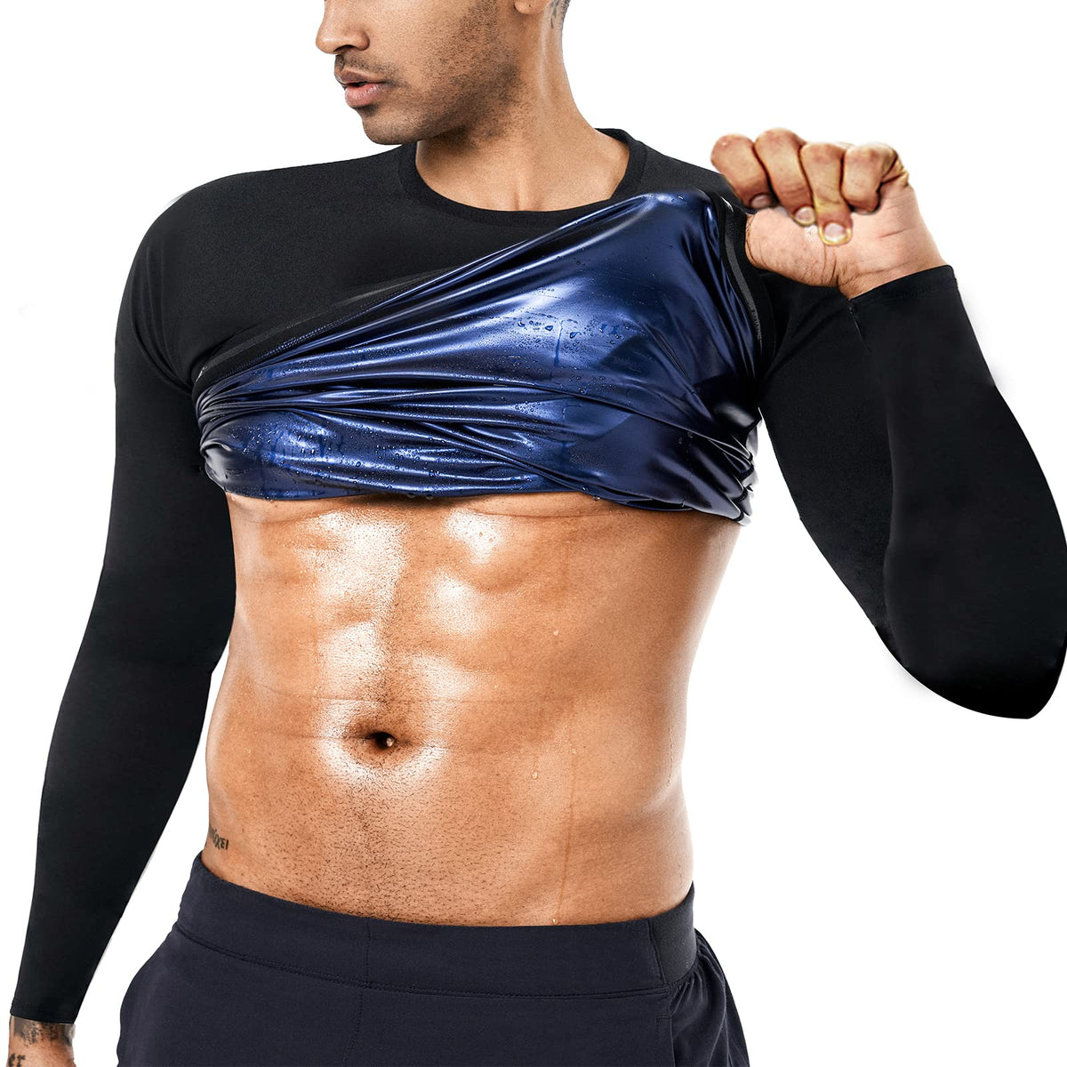 BODYSUNER Sauna Sweat Suits Shirt Waist Trainer for Men Compression Vest Workout Gym Shirt Long Sleeve Blue,L